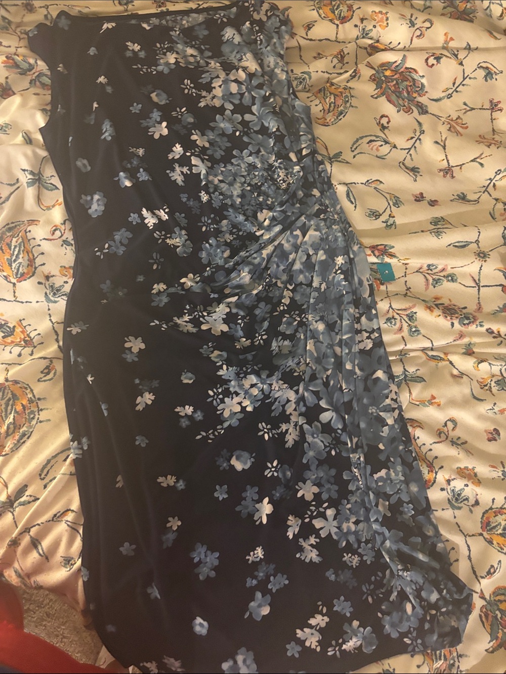 Navy Blue Floral Strapless Dress